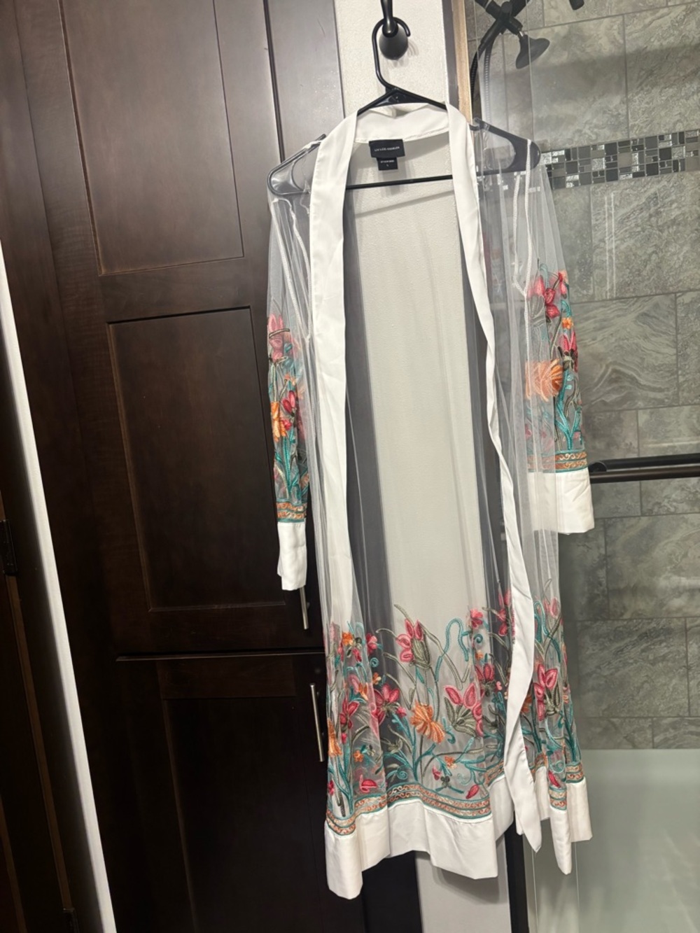 Embroidered Floral Sheer kimono- Pink, Orange & Teal - Picture 2 of 5